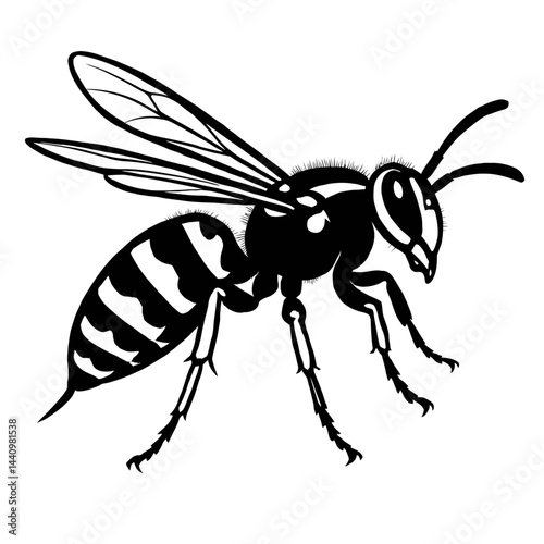 Detailed Wasp Insect Illustration with Striped Body and Wings - Black and White for Nature, Entomology, or Pest Control Themes