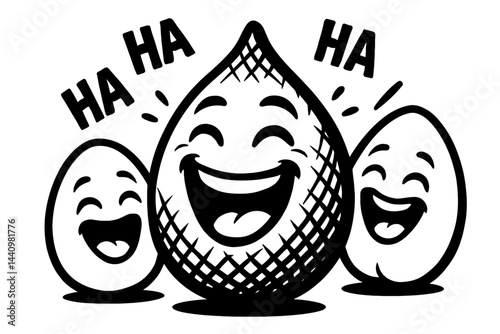 Cartoon Salak and Round Fruit Characters Laughing "Ha Ha" - Black and White Illustration for Humor, Food, Mascot, or Graphic Themes