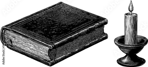 Vintage engraved illustration of ancient book and candle for historical design