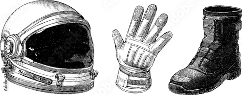 Vintage engraved set of astronaut helmet, glove, and boot for space exploration design