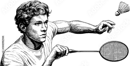 Dynamic badminton player engraving set for sports design projects