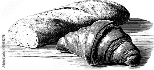 Vintage bakery illustration: bread and croissant engraving for culinary prints and design