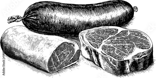 Engraved meat illustration featuring banger sausage and beef cuts for culinary design