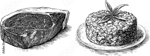 Engraved illustration set of beef brisket and gourmet dish for culinary art and design