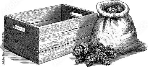 Vintage beer crate with wooden texture and hops illustration for craft brewing