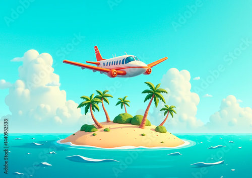 Wallpaper Mural cartoon airplane flies over island with palm trees Torontodigital.ca