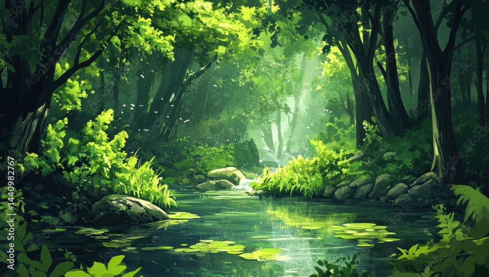 Fototapeta premium Lush forest stream. Sunlight filters through dense canopy. Tranquil, verdant riverbanks