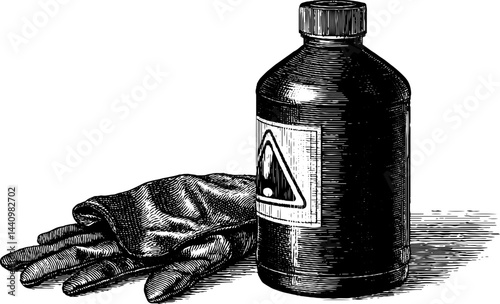 Vintage engraved illustration of bleach bottle and caution glove set for safety design