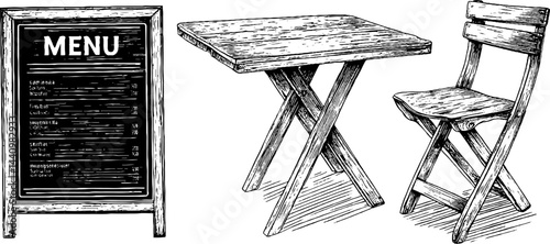 Engraved illustration of cafe table, chair, and menu board for vintage decor or design inspiration