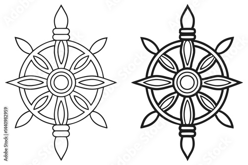 Dharmachakra Wheels Set Traditional Symbolism with Black Outline and Intricate Spokes