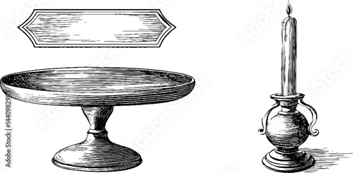 Engraved illustration set of cake stand and candle holder for elegant celebration and design