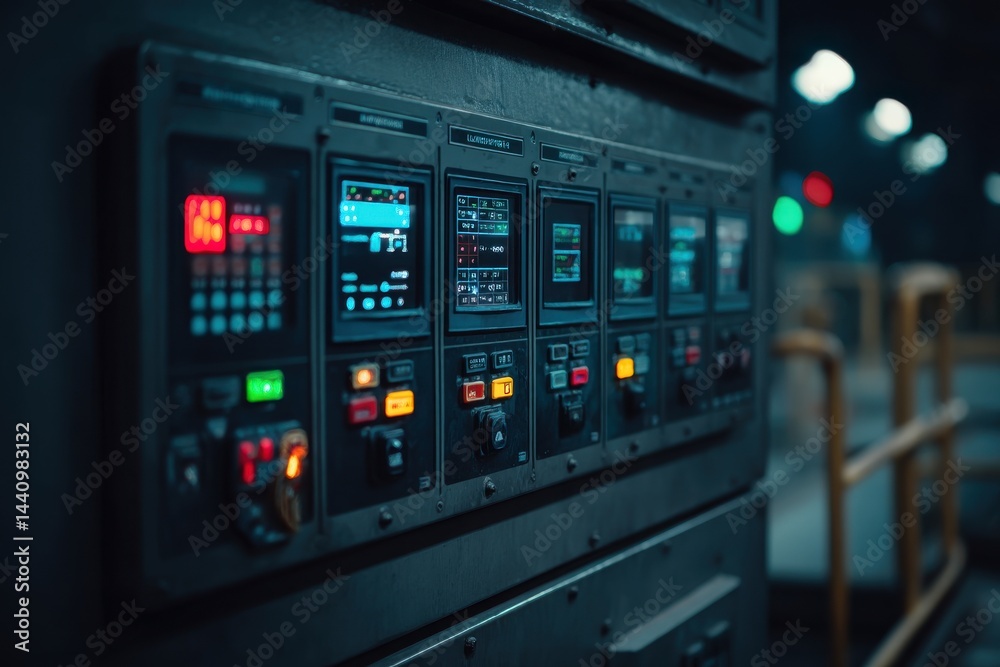 Close-up of a sophisticated control panel featuring illuminated buttons, digital displays, and industrial design, perfect for illustrating technology, engineering, and automation. Close-up of a sophisticated control panel featuring illuminated buttons, digital displays, and industrial design, perfect for illustrating technology, engineering, and automation.