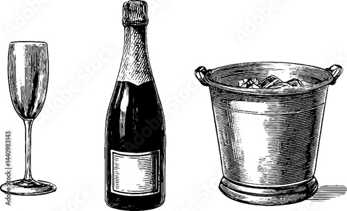 Engraved illustration of champagne celebration with bottle, glass, and ice bucket