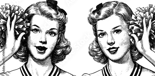 Vintage cheerleader engraved illustrations with pom poms for retro design projects