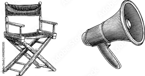 Vintage filmmaking tools: engraved director's chair and megaphone illustration set