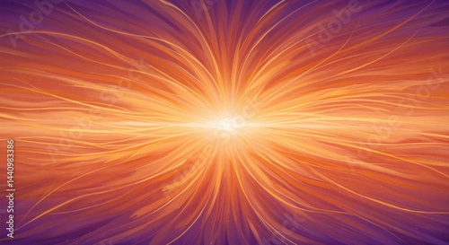 Vibrant explosion of warm colors radiating from a bright center, surrounded by flowing lines and a rich gradient of purple and orange hues