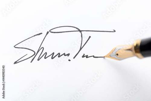 Fountain pen and signature on white paper, closeup photo
