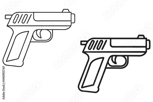 Two Black Outline Handguns Pointing Opposite Directions on a White Background