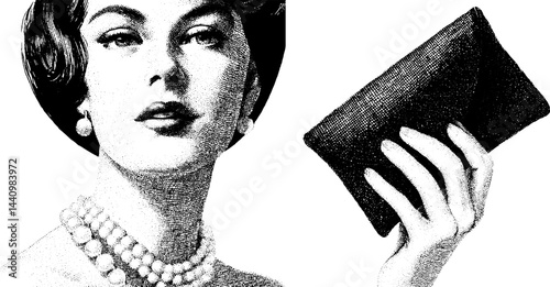 Vintage fashion illustration set featuring elegant model and stylish accessories