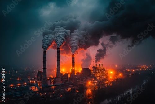 A dramatic cityscape at night featuring heavy pollution from industrial chimneys and buildings, set against a fiery sky with dark, ominous clouds looming overhead.
