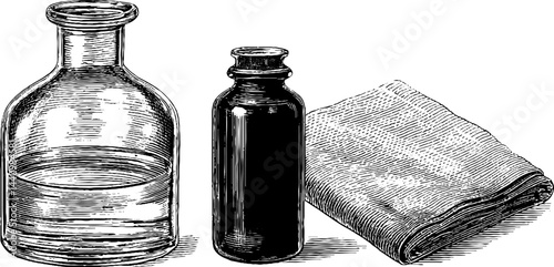 Vintage engraved illustration of glass cleaner bottles and cleaning cloth for decorative design