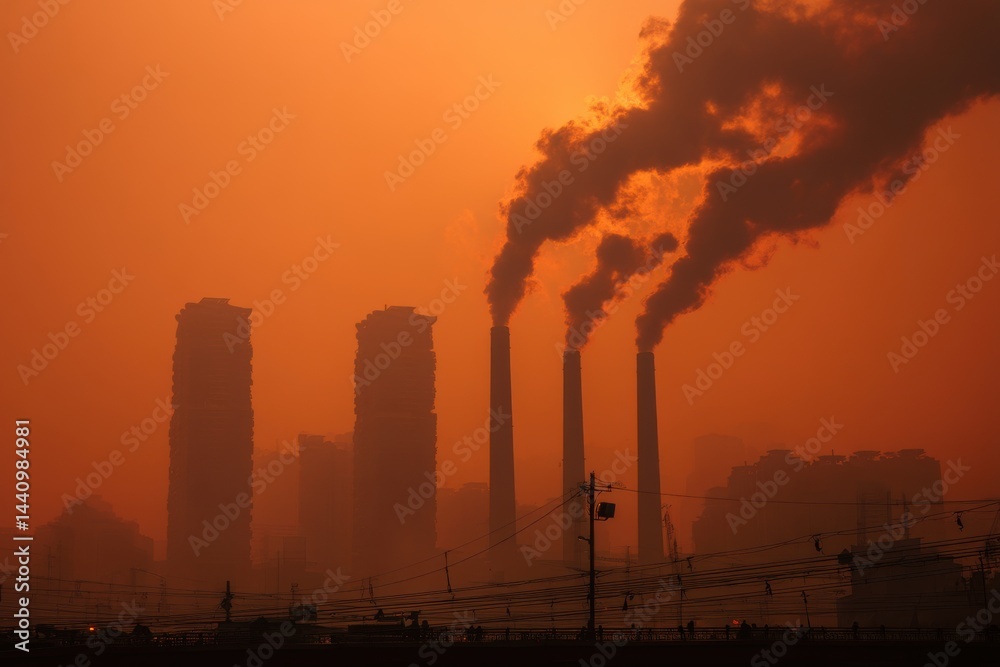 A hazy, orange-tinted cityscape featuring industrial smokestacks emitting plumes of smoke, against a backdrop of silhouetted buildings, pollution concept. A hazy, orange-tinted cityscape featuring industrial smokestacks emitting plumes of smoke, against a backdrop of silhouetted buildings, pollution concept.
