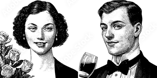 Elegant high society couple with roses and wine in engraved style
