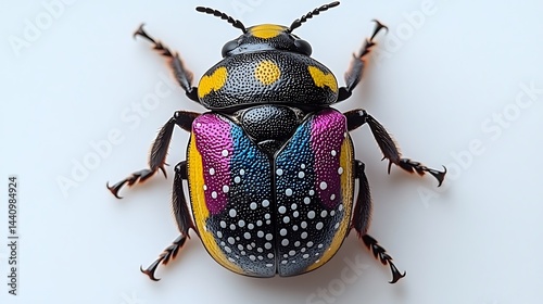 Vibrant insect with colorful patterned exoskeleton.