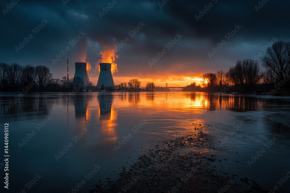 Fototapeta premium An industrial landscape featuring a power plant at sunset, reflecting on a river with dark clouds overhead, creating a dramatic and compelling scene.