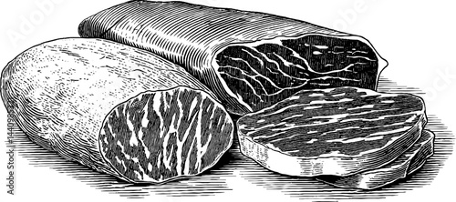 Detailed engraved illustration set of liverwurst and cured meats