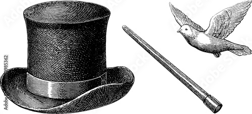 Vintage magic show elements with engraved magician hat, wand, and flying dove