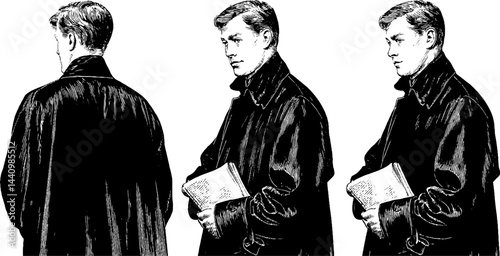 Vintage male coat check attendant illustration set for classic design and art projects