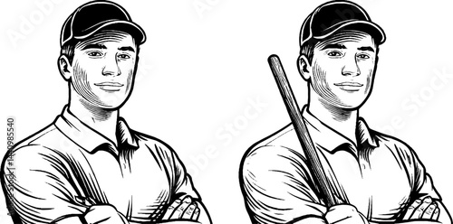 Engraved illustration set of male janitor with cap and broom for retro-inspired design
