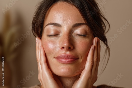 A serene woman with closed eyes gently touching her face, showing self-care and relaxation, promoting wellness and inner peace, showcasing natural beauty and healthy skincare.