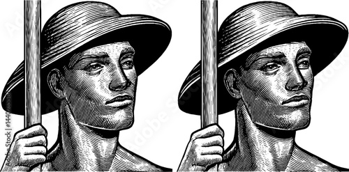 Engraved illustration of male pool attendant in traditional hat for design and print
