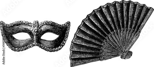 Elegant masquerade mask and hand fan engraved art for party design