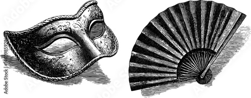 Vintage engraved masquerade mask and fan set illustration for elegant decor