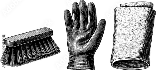 Vintage cleaning tools engraving: brush, glove, and towel illustration for cleaning and maintenance design