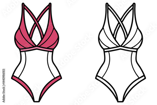 OnePiece Swimsuit Clipart with Pink and Black Outline Isolated on White Background