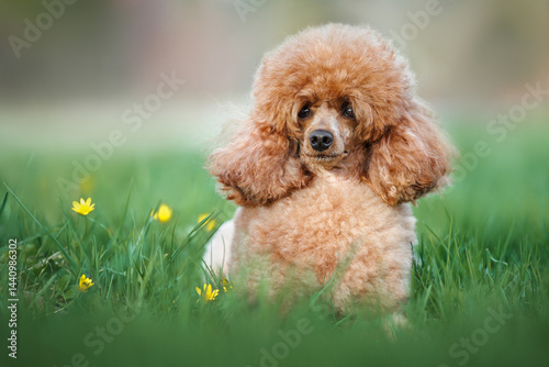 brown miniature poodle dog lying on grass in spring