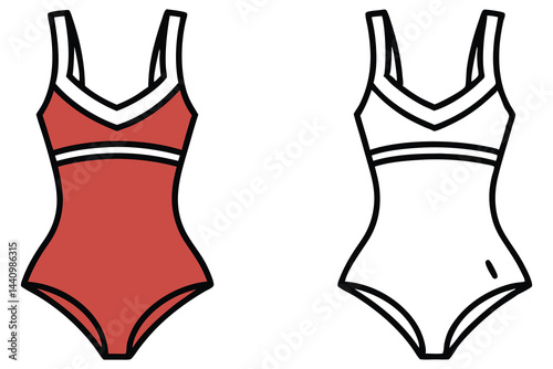 OnePiece Swimsuit Outline, Red and White Colors, Swimwear Fashion