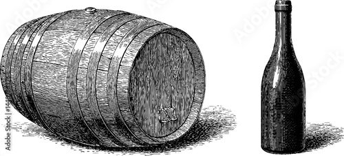 Engraved vintage oak cask and bottle illustration for distillery and wine aging concepts