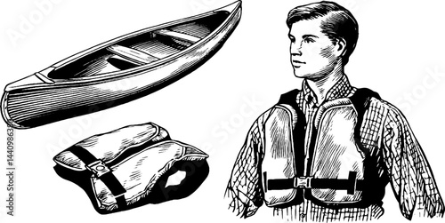 Vintage engraved illustration of canoe, paddler, and life vest for outdoor adventure design
