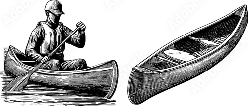 Vintage engraved illustration of canoeing adventure with paddler and canoe for design use