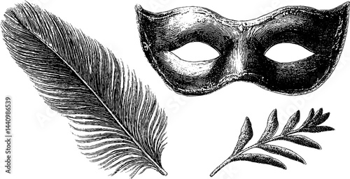 Vintage party mask with feather and branch - engraved illustration set for celebrations and decor