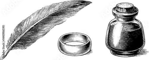 Engraved artistic set: phoenix feather, ring, and ink bottle illustration for design projects