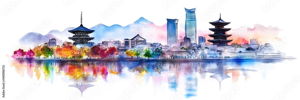 Fototapeta premium watercolor kyoto downtown skyline 