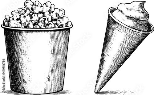 Vintage engraved popcorn bucket and ice cream cone illustration for design