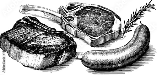 Vintage engraved set of ribeye steak, lamb, and sausage for culinary design