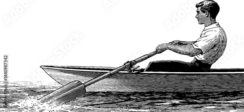 Vintage rowing scene with rower and oar engraving illustration